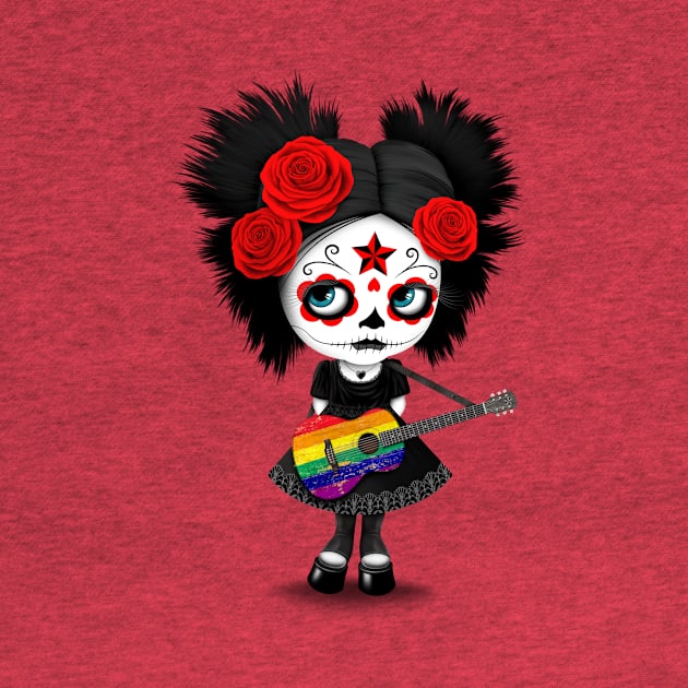 Sugar Skull Girl Playing Gay Pride Rainbow Flag Guitar by jeffbartels